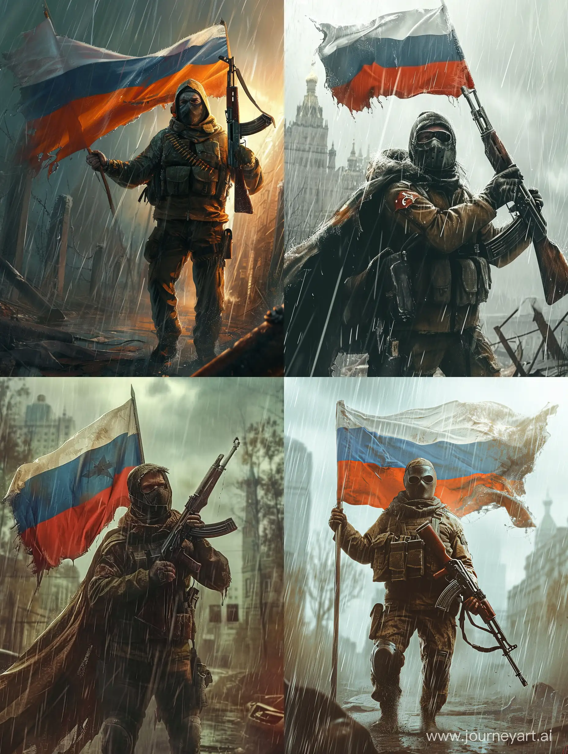 A man in a muzzle holding a Russian flag in his left hand and an AK 103 in his right is standing outside in the rain in a dead city.