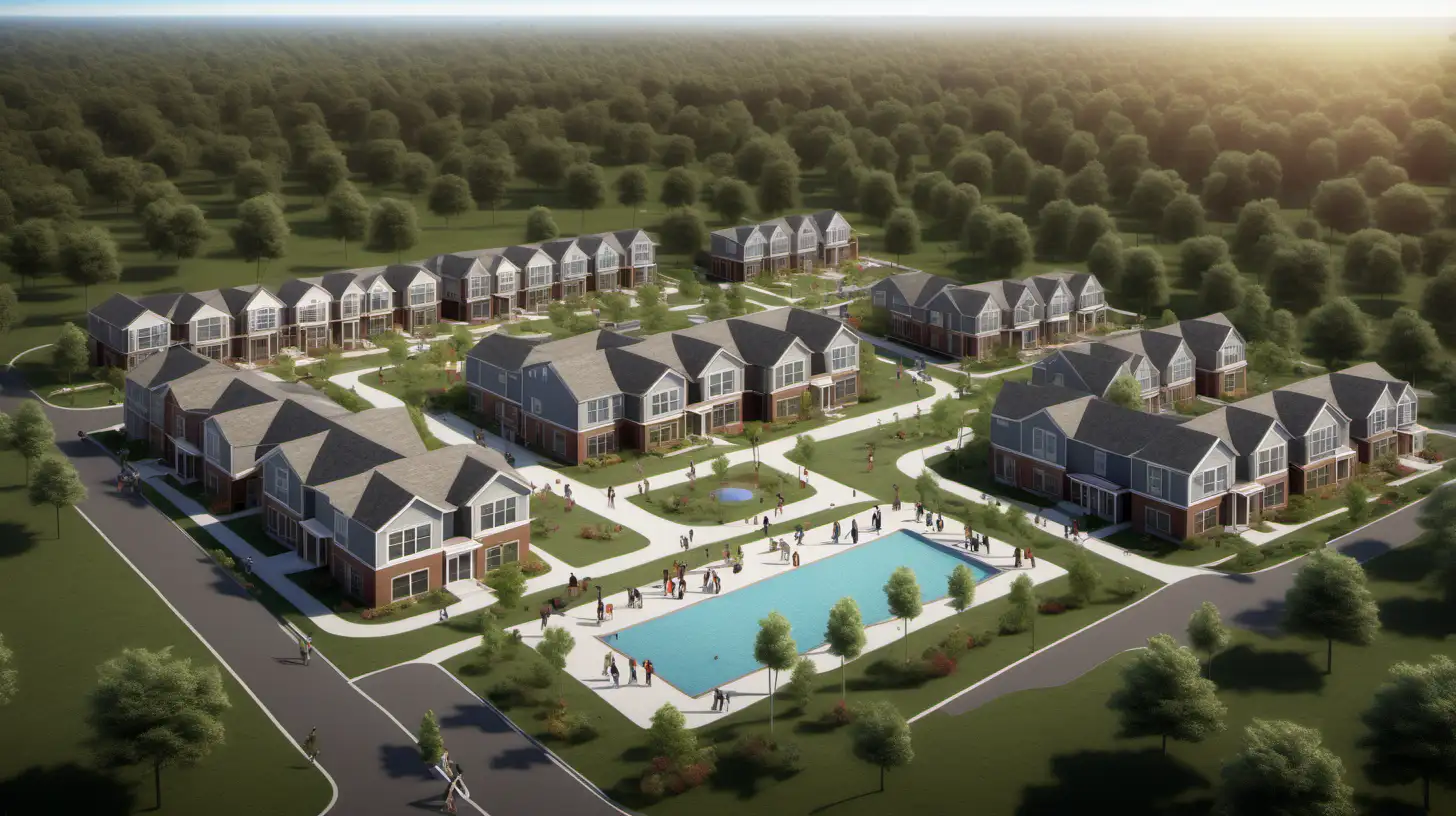 create a housing community on 50 acres of land, with 200 two floor houses, a park, a community center with a pool,