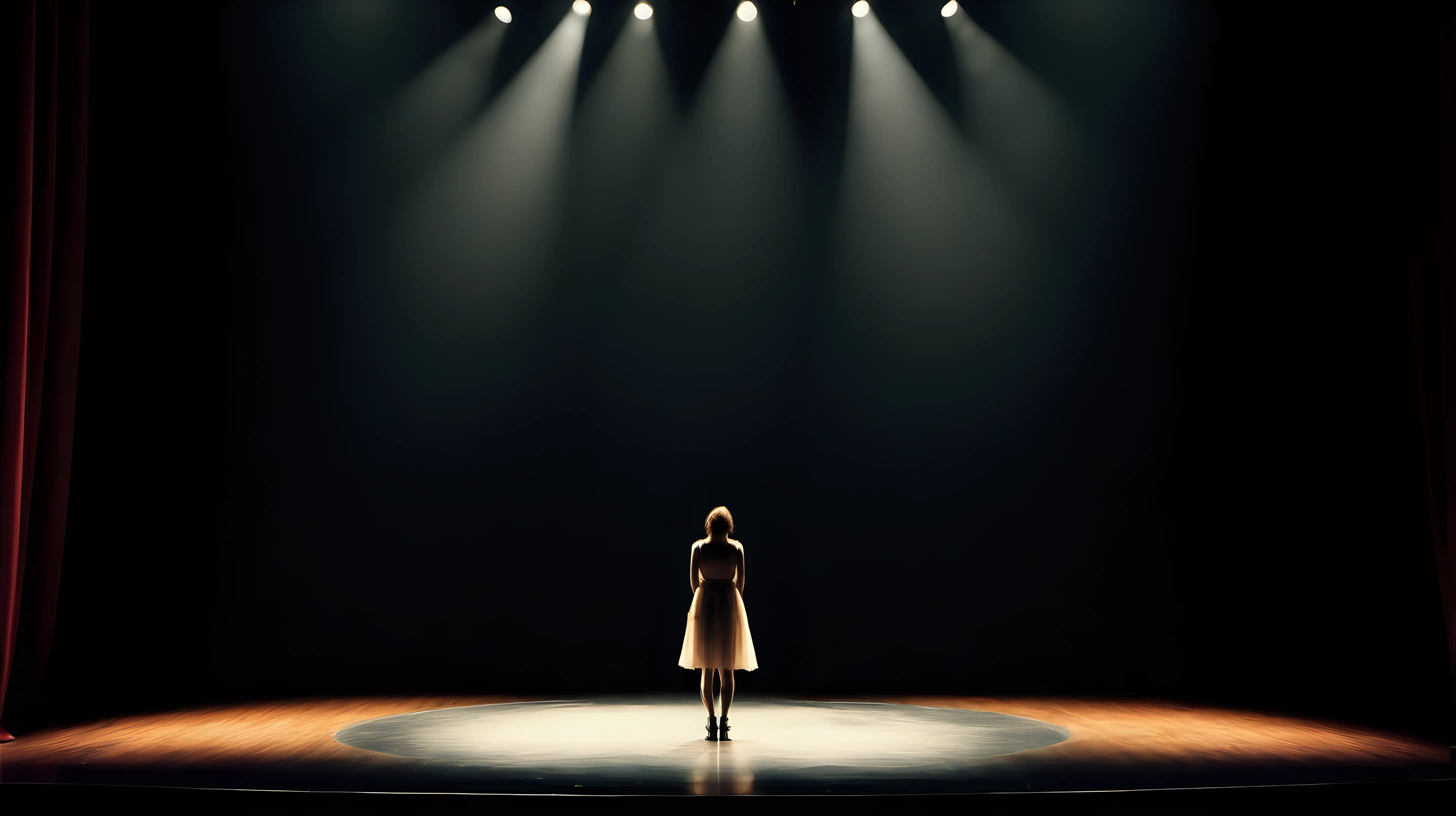 A performer stands alone on an empty stage, the spotlight focused solely on them as they deliver a poignant rendition of a song, their voice echoing in the silent venue.
