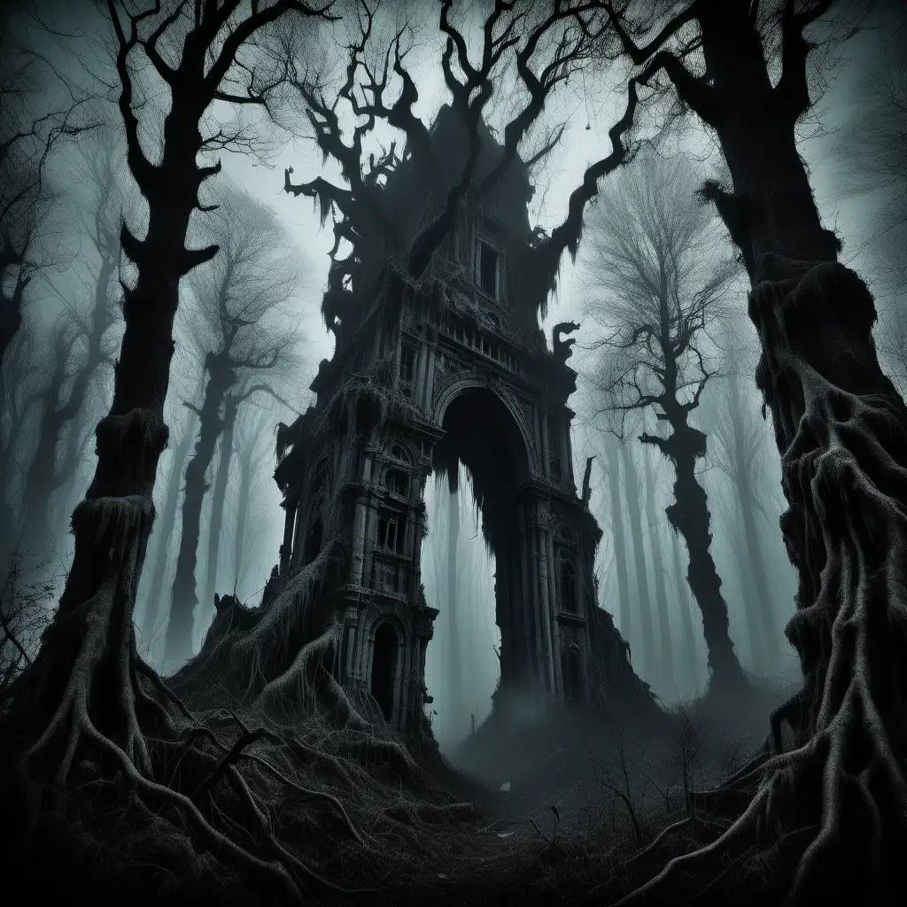 In the style of dark fantasy The camera glides through the dense, mist-covered forests of Zephyrian, the ancient trees shrouded in perpetual twilight. Eerie whispers and the sounds of distant creatures echo through the woods. The scene shifts to reveal towering stone structures, ancient and crumbling, their silhouettes stark against a dimly lit sky.