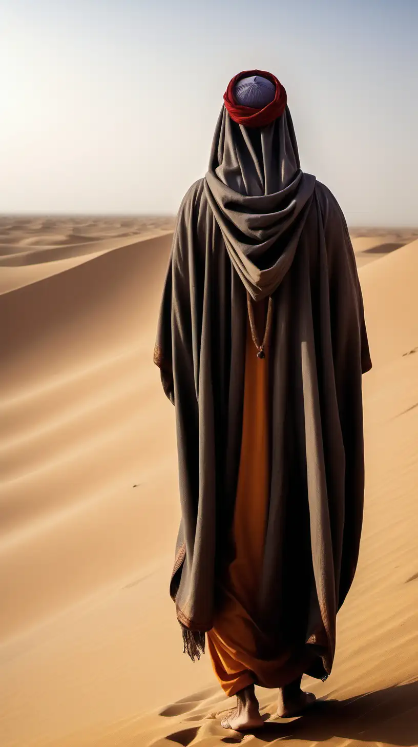 the back of an Arab male scholar with a turban and a moroccan djellaba with a triangular hood attached to the djellaba that is not put up, looks into the distance in the desert