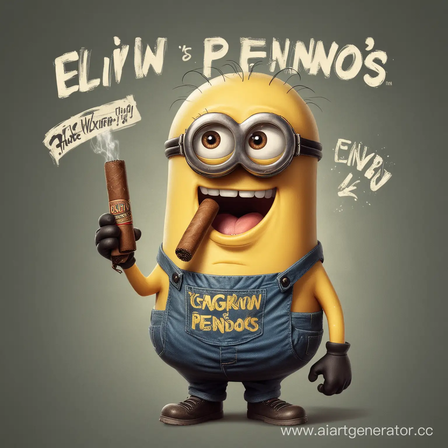 A pumped-up minion with a cigar in his mouth and the inscription on an elvin pendos T-shirt knocks out SpongeBob