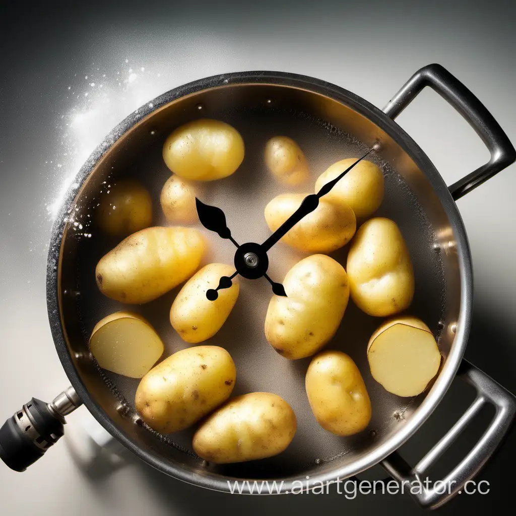 Potatoes are boiling with a backdrop of clocks