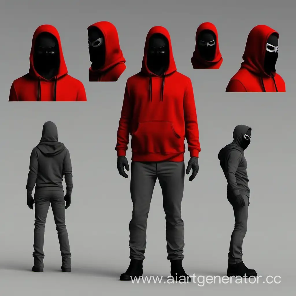 Создай персонажа в красном ходи, в кюпюшоне, в серых штанах и в чёрной маске и что бы у него не было видно лица
