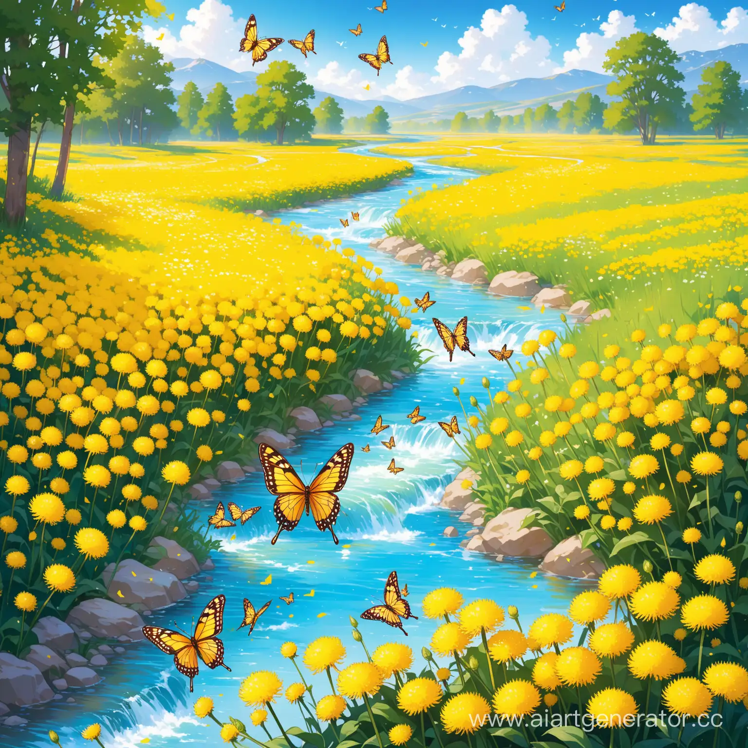бабочки, ручей, поле одуванчиков желтых
