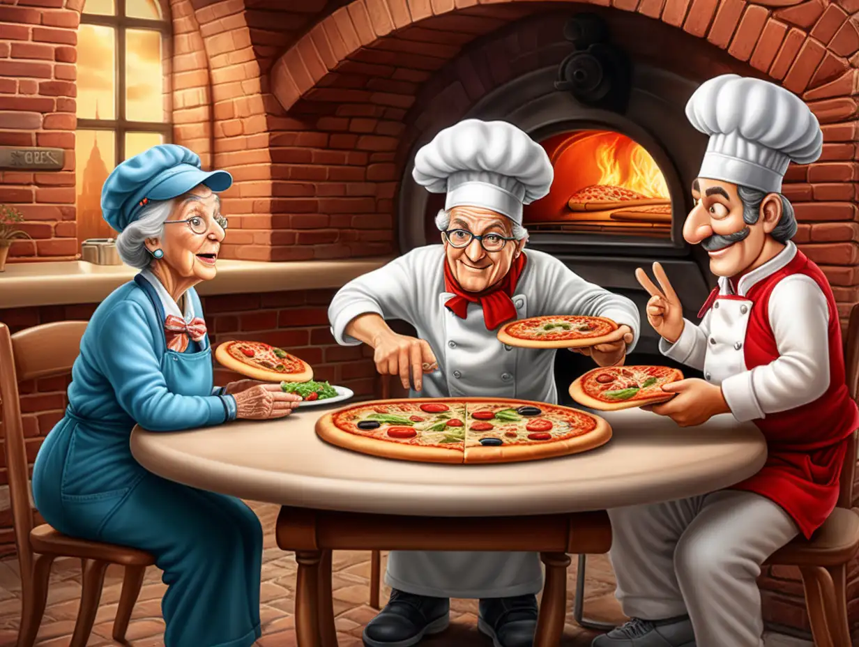 Italian Baker Serving Pizza to Elderly Diners with Cartoon Realism
