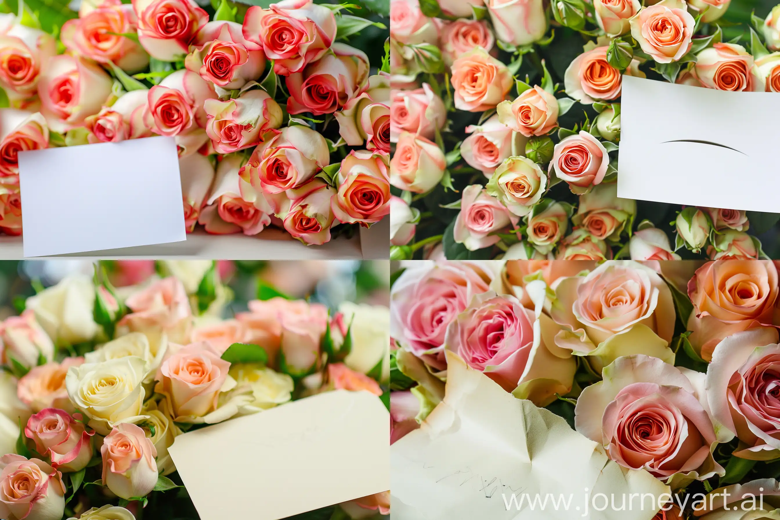 A bouquet of roses with a large empty love note, close-up, soft focus background --ar 3:2 --style raw --stylize 50 --v 6