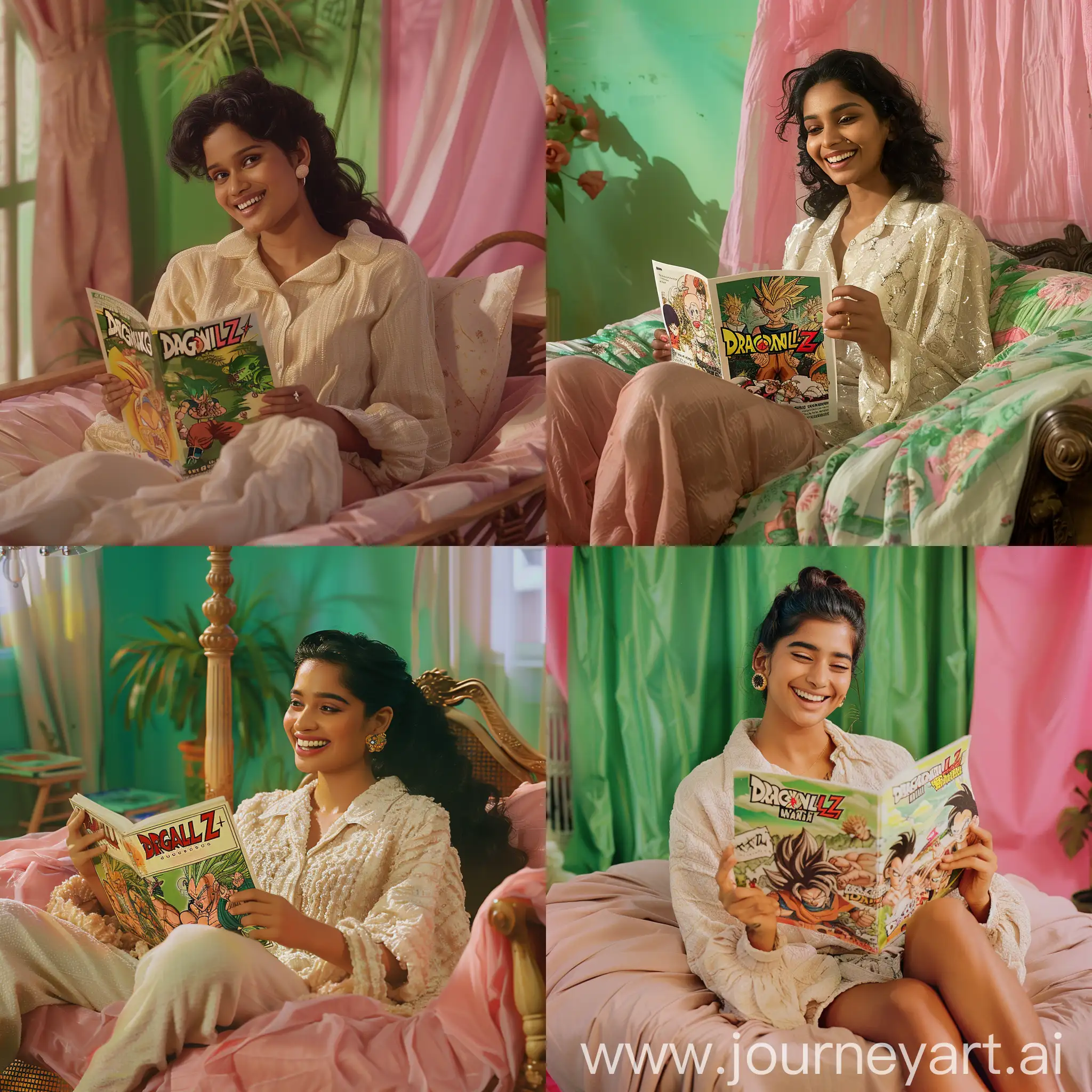 Create a stunning intricately detailed cinematic baroque photographic visual of a theme "a very beautiful Navya Nair relaxing on a love bed reading Dragon Ball Z comics" clad in a creamy textured shirt, smiling cute and playful", picturesque, intricately detailed, photorrealistic scene, A very well crafted, detailed, subtle smooth color tone, green barbie world pink background, waist shot, half body shot, wide angle lens