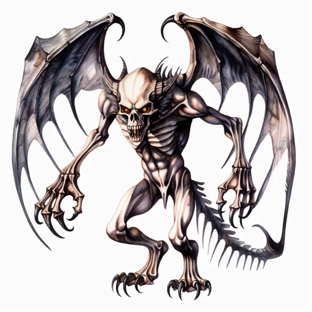 prowling bone demon with wings, dark watercolor drawing, no background