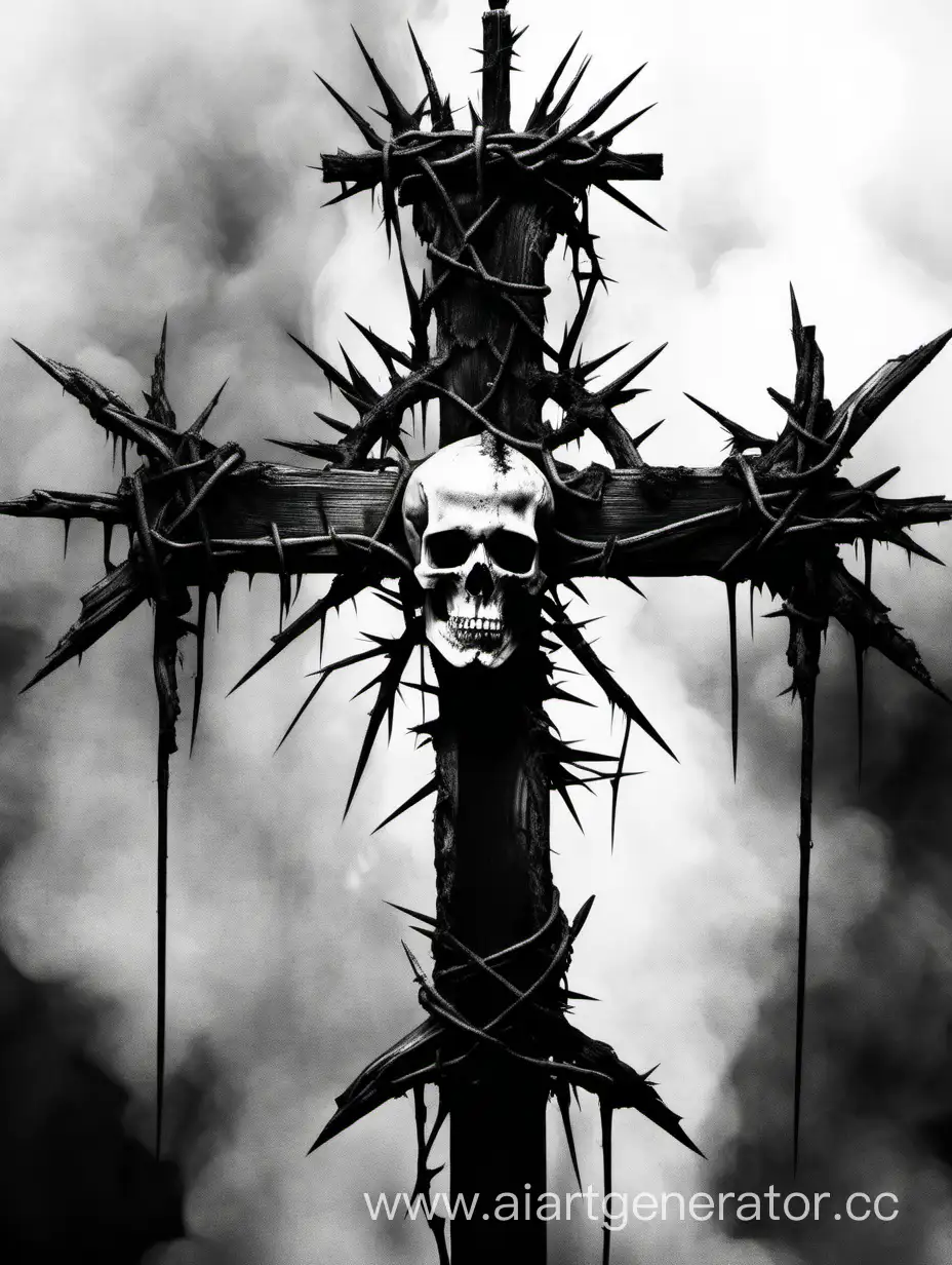 католический крест из обуглившейся древесины с терновым венком. Фон черепа в огне
