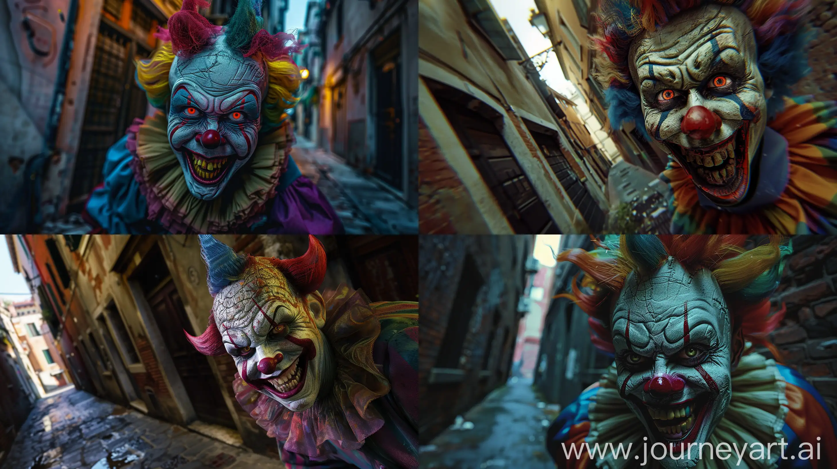 a colorful laughing scary psycho killer clown mixed with a demon looking at the camera. He's in a dark alley.  very detailed, atmospheric lighting. hyperrealistic, canon eos r3, 50mm, cinematic, megapixel cinematic lighting, anti-aliasing, SFX, VFX, CGI, RTX, SSAO, FKAA, TXAA, HDR, 8k --ar 16:9