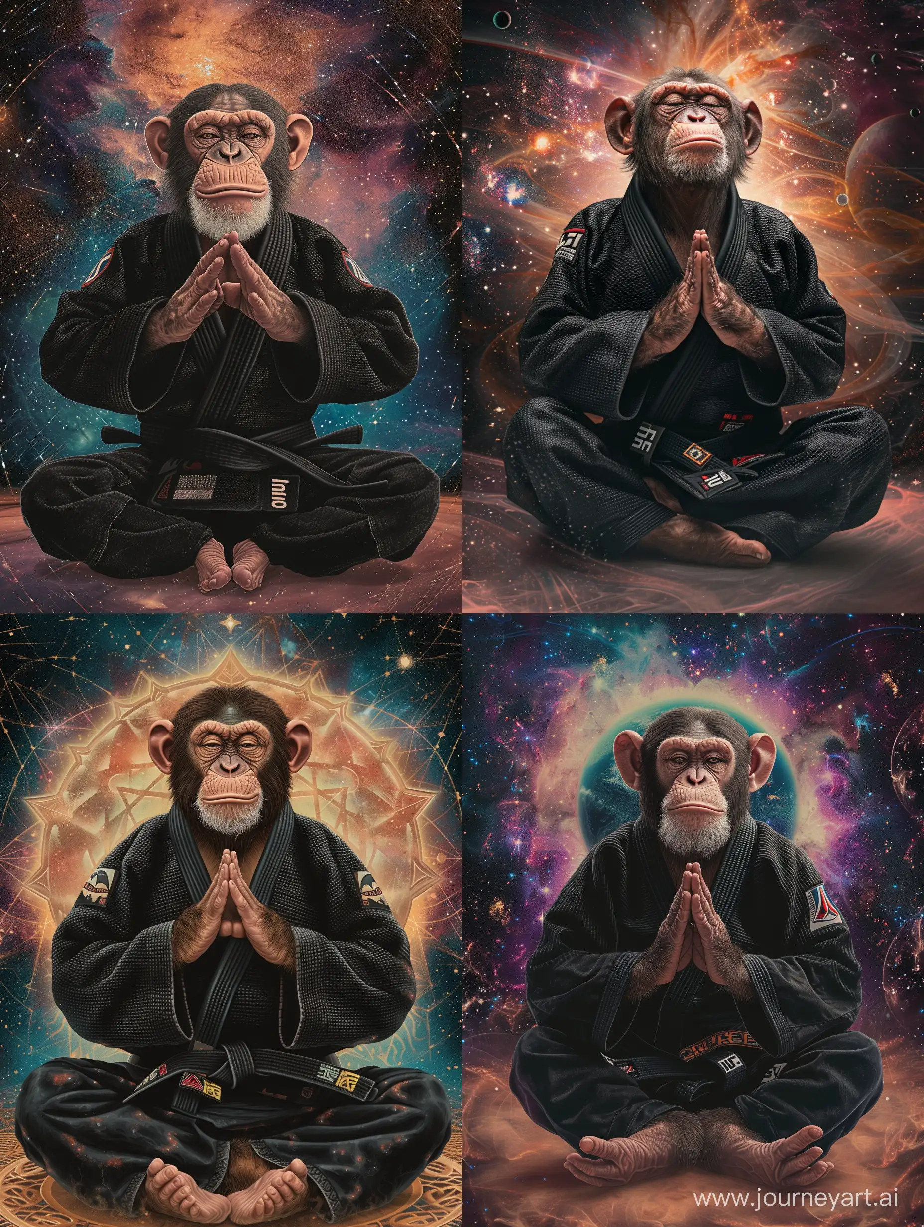 A monkey wearing a black Brazilian jiu jitsu gi. He is meditating with his legs crossed and hands in a praying position. He has a sinister sneaky grin on his face. He is looking at the viewer, cosmic background
