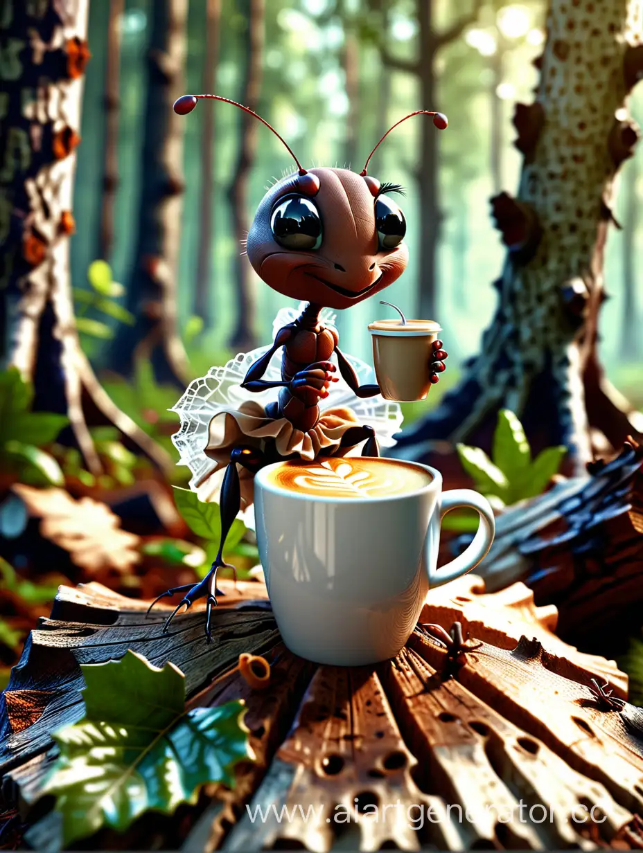 В лесу антропоморфный муравей в платье на пеньке сидит, в лапке держит  чашку кофе латте, Динамика ,лучшее качество, высокое разрешение, глянец, 32k