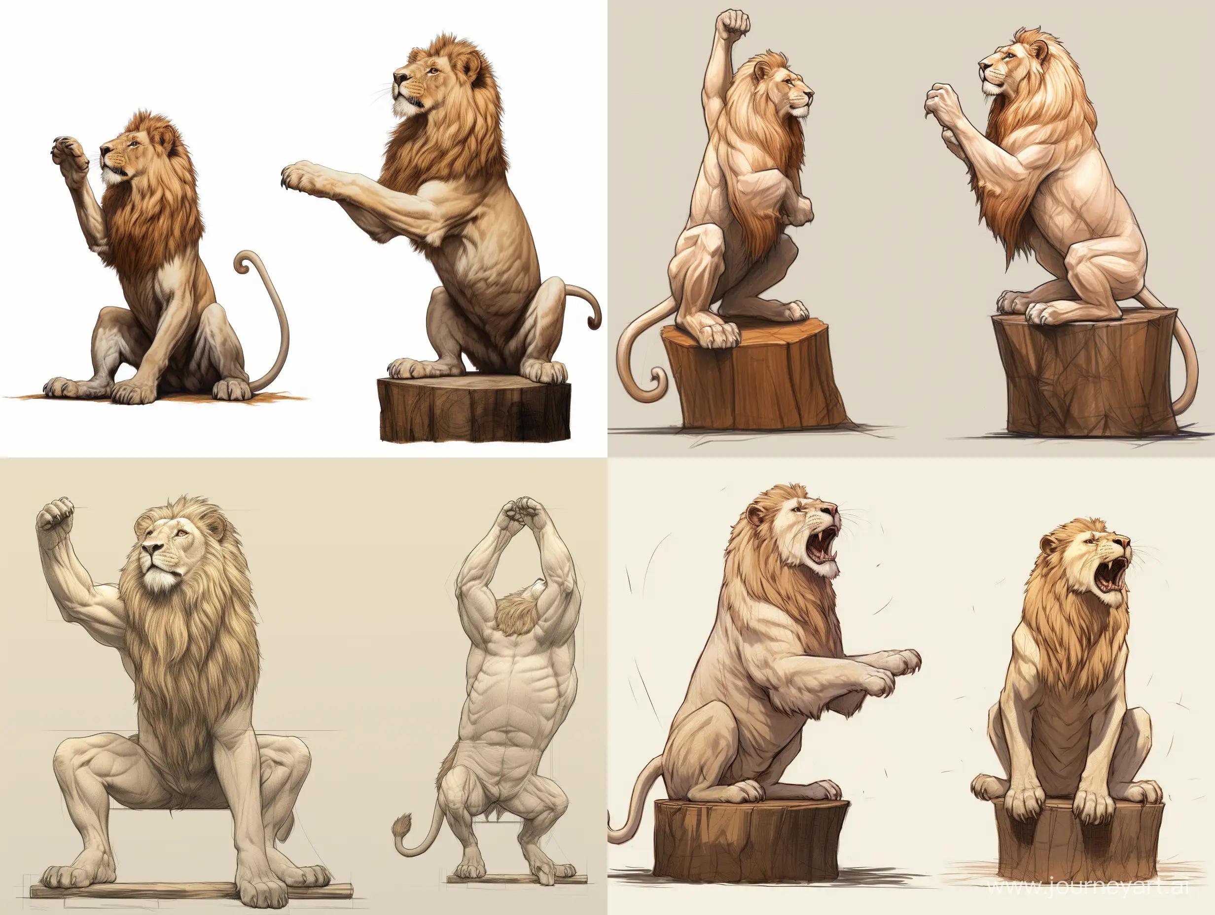 Professional sketch for wood carving sculpture, full length lion sitting on his hind legs on a large wooden cube, lion's front paws raised in the air in greeting, professional dynamic character, front, back and side view, wood carving, concept art, Artstation, 3d, white background, 8k render, ultra realistic