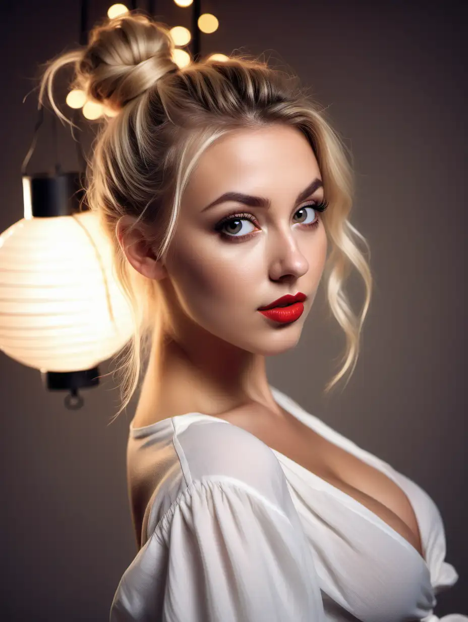 Beautiful Nordic woman, very attractive face, detailed eyes, big breasts, slim body, dark eye shadow, messy blonde hair in a big top bun, tanned skin, red lipstick, wearing a white Ruched Bust Lantern Sleeve Knot Front Crop Blouse, close up, bokeh background, soft light on face, rim lighting, facing away from camera, looking back over her shoulder, white background with hanging lights, photorealistic, very high detail, extra wide photo, full body photo, aerial photo