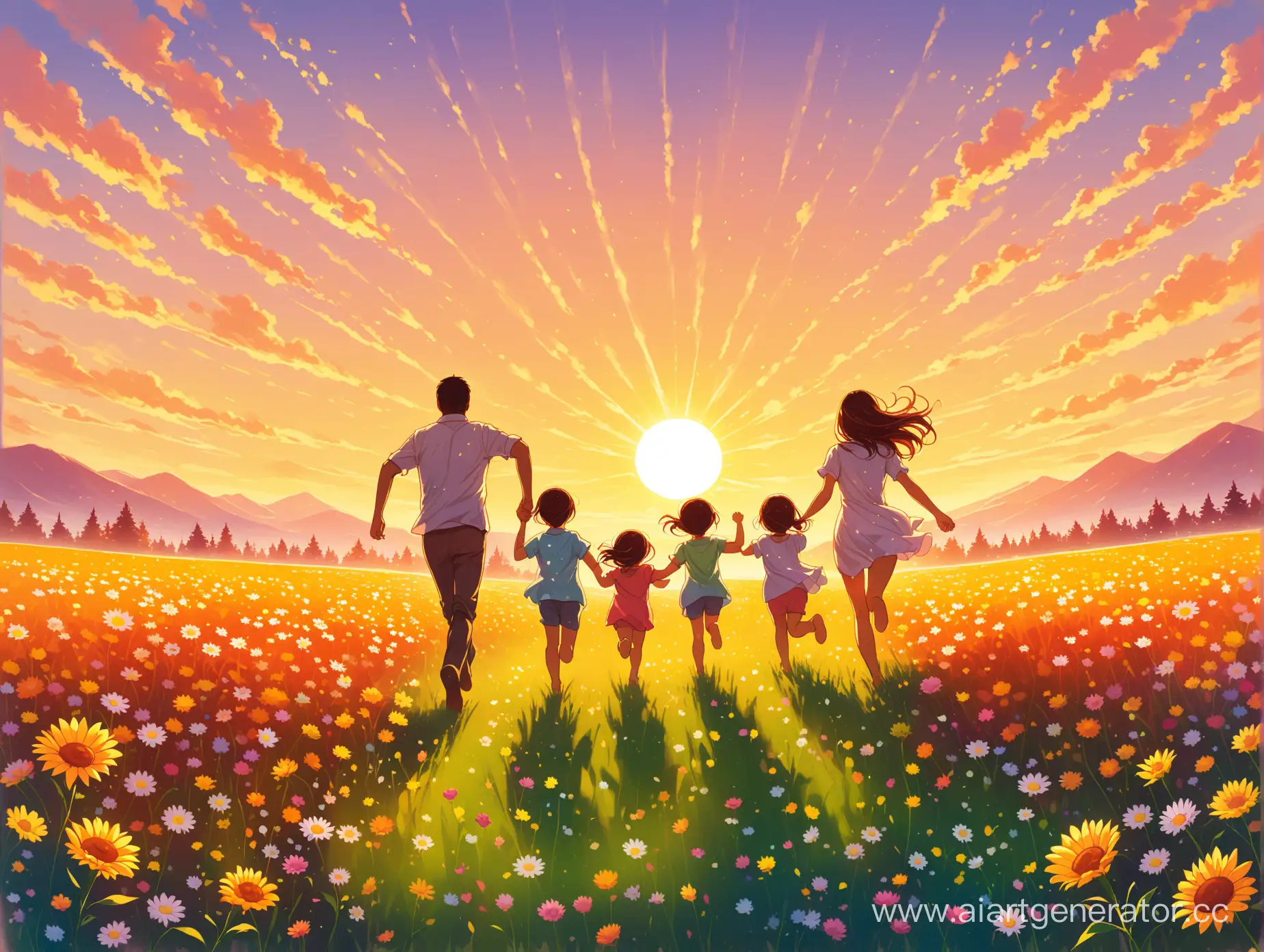 Joyful-Family-Running-Through-FlowerStrewn-Field-at-Dawn