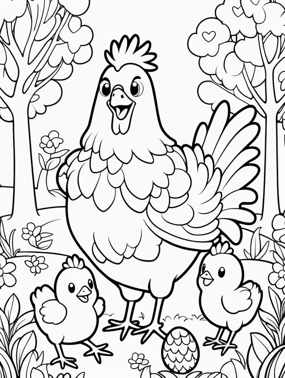 happy kawaii mama chicken with baby chicks, spring, trees, coloring book , bold art lines, vector, hd