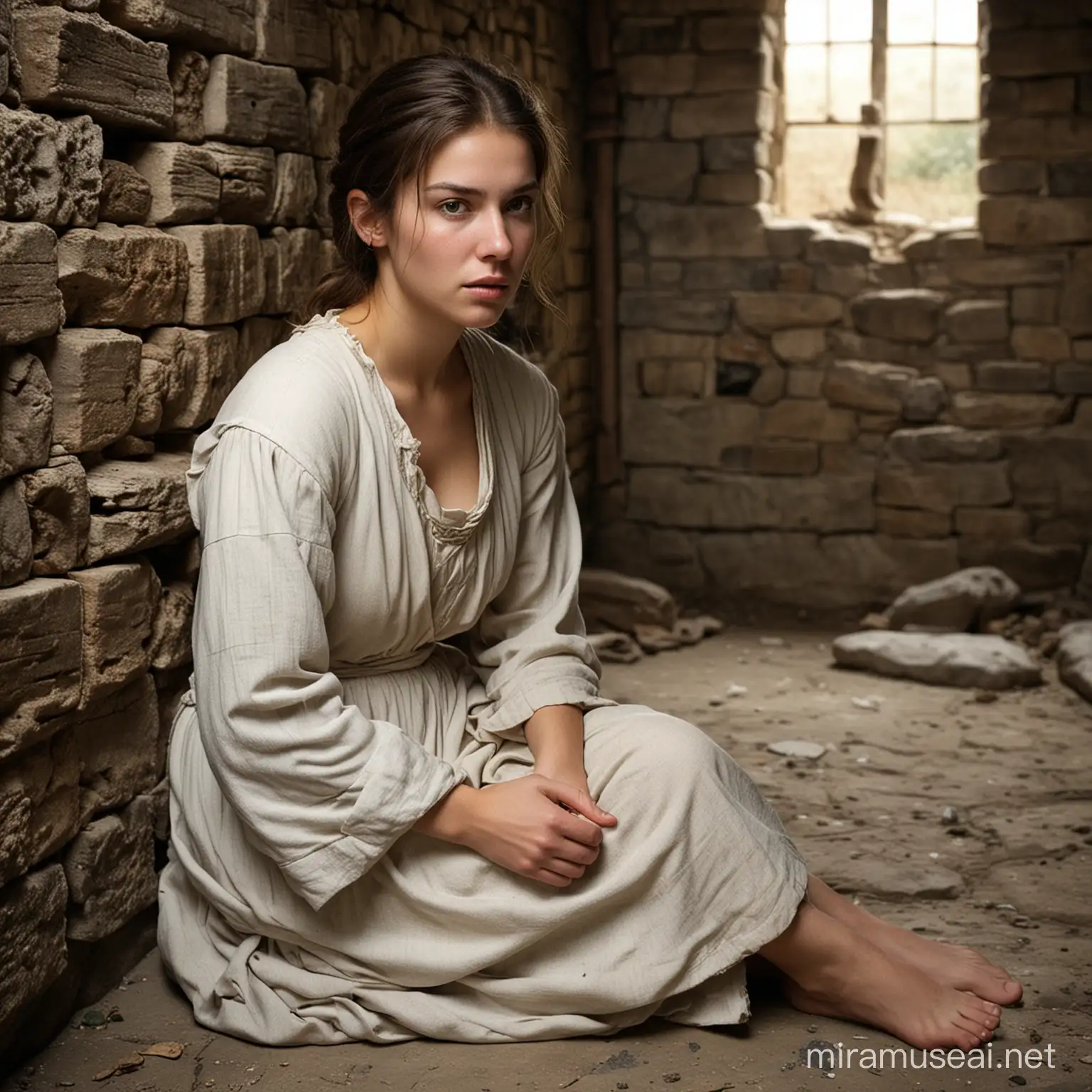  Subject: The main subject of the image is a young peasant woman, described as busty and slim, sitting in a dungeon cell. She is depicted as barefoot, adding to the sense of vulnerability and desperation.
Setting: The setting of the image is a dungeon cell with stone walls, evoking a sense of confinement and bleakness. The time period is specified as the 1600s, suggesting a historical context.
Background: The background consists of stone walls, emphasizing the harsh and oppressive environment of the dungeon. The lighting is likely dim, contributing to the overall atmosphere of gloominess.
Style/Coloring: The style of the image is realistic, capturing the details of the woman's appearance and the dungeon environment. The coloring is likely muted, with earthy tones to convey the gritty nature of the setting.
Action: The woman is depicted in a head-to-knee view, indicating her posture of sadness and desperation. Her body language suggests a sense of resignation and hopelessness.
Items/Costume: The woman is wearing a dirty white long-sleeve sack dress, typical of peasant attire during the specified time period. The dress appears worn and tattered, reflecting the woman's impoverished circumstances.
Appearance: The woman is described as young, with a specific age of 25 years old. Her physique is characterized as busty and slim, adding to the realism of her portrayal.
Accessories: The woman is not described as wearing any accessories, further emphasizing her destitute state.