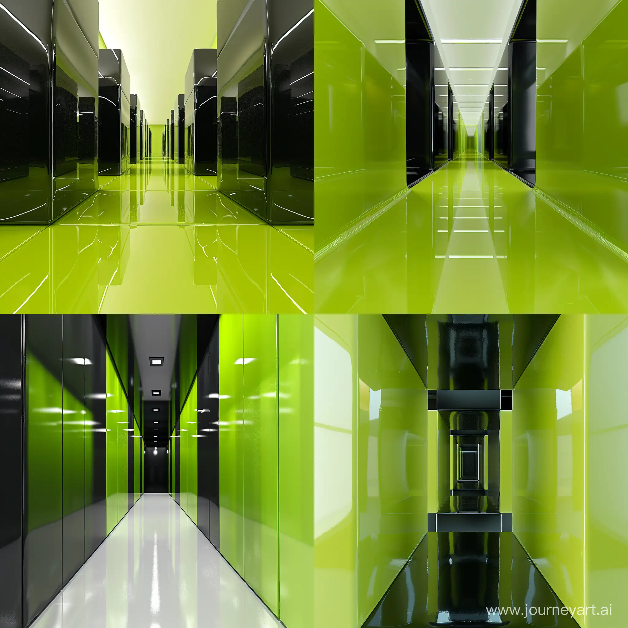 Two glossy painted cubes of black and lime green,camera is looking up from the bottom of the aisle of the cubes, photo realistic, high resolution, unreal quality