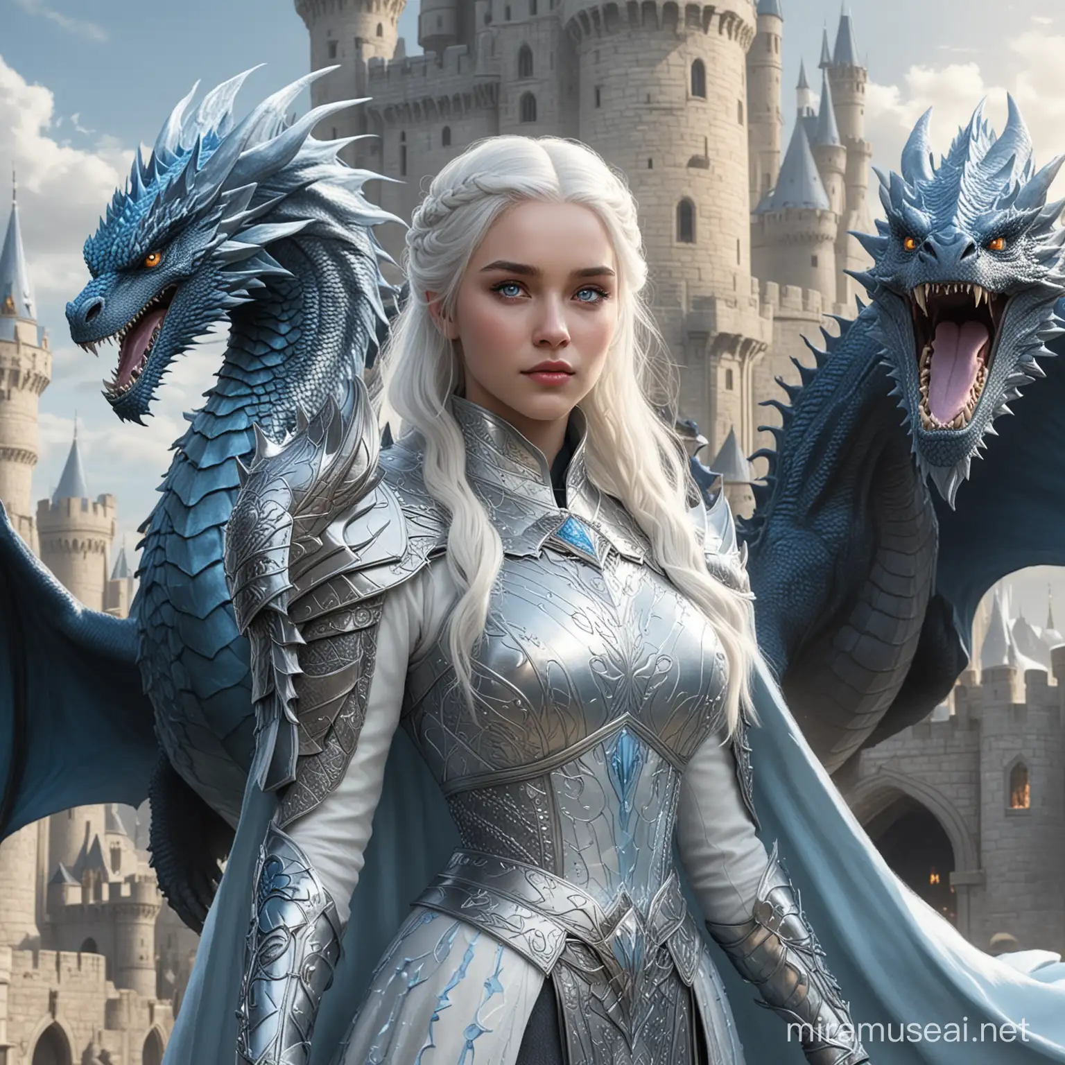 A song of ice and fire character design, Targaryen princess, black hair, light blue eyes, pale skin, castle background, silver and blue dragon in background  