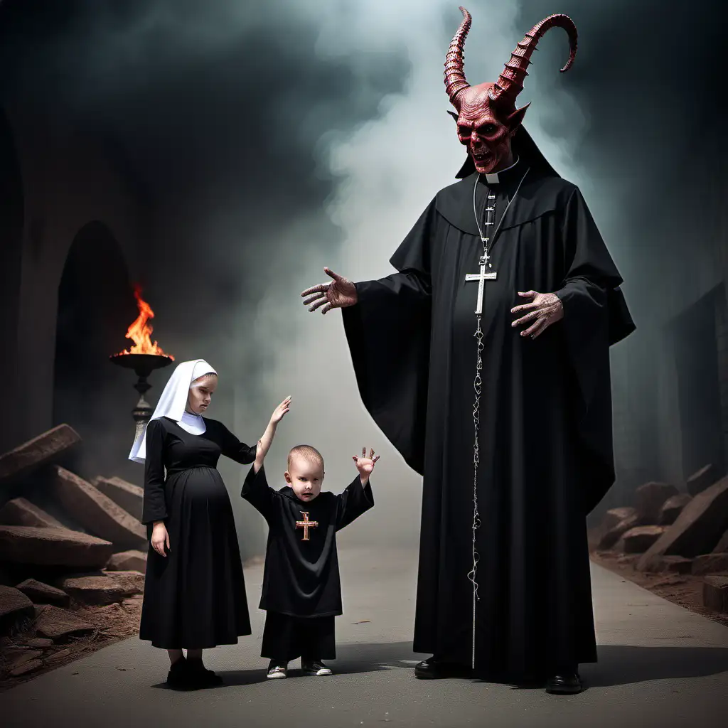 Professional photo of a priest with horns on the devil's head, he is supposed to be holding a child's hand, a pregnant nun is supposed to be standing next to him, the place is supposed to be similar to hell, use a high-quality camera to capture realistic details, ensure optimal lighting, and adjust the composition to convey both the scenery of the place,