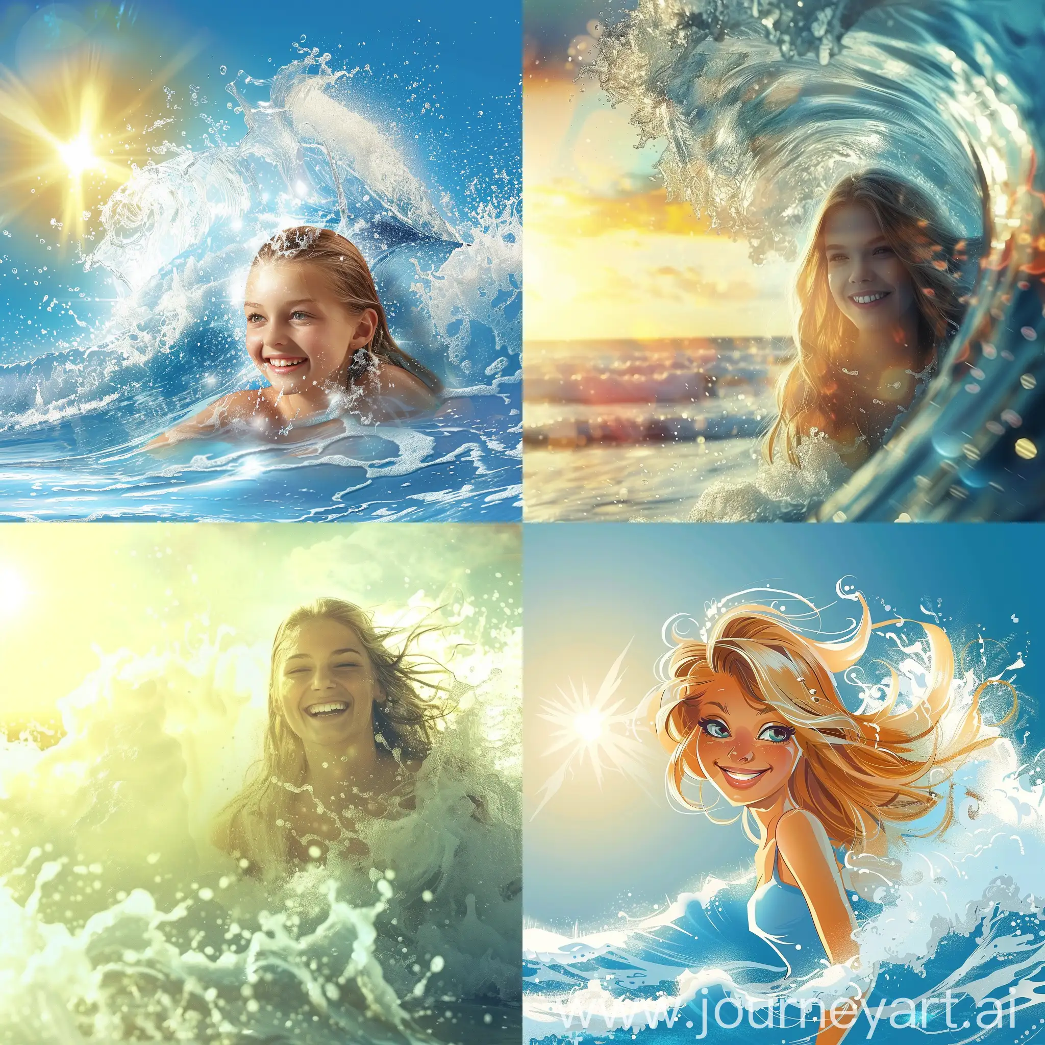 Красивая, стройная, белокурая девушка выходит из морской волны и улыбается. За спиной, слева светит солнце.