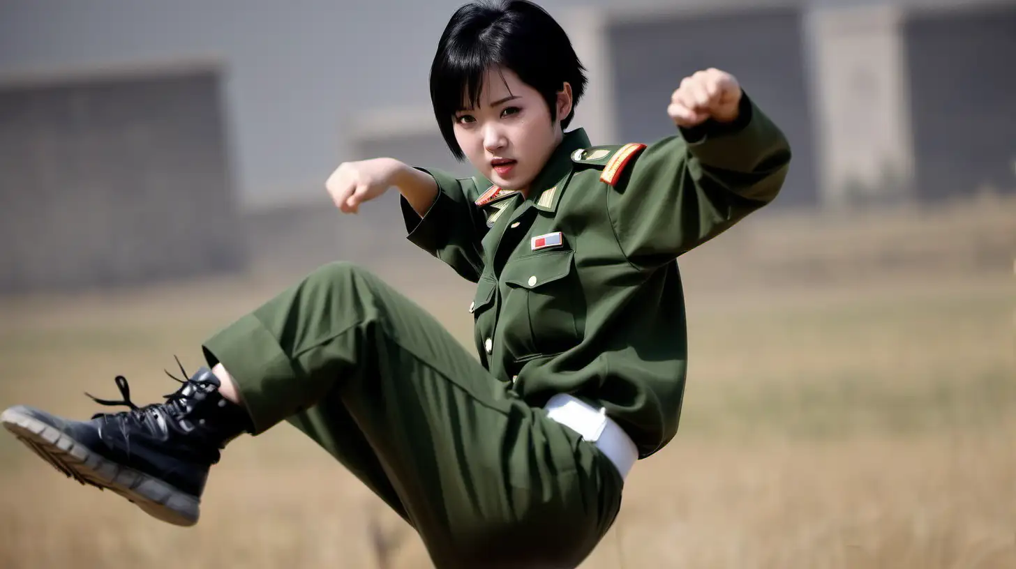 Energetic Chinese Female Soldier Demonstrating a Powerful Fly Kick