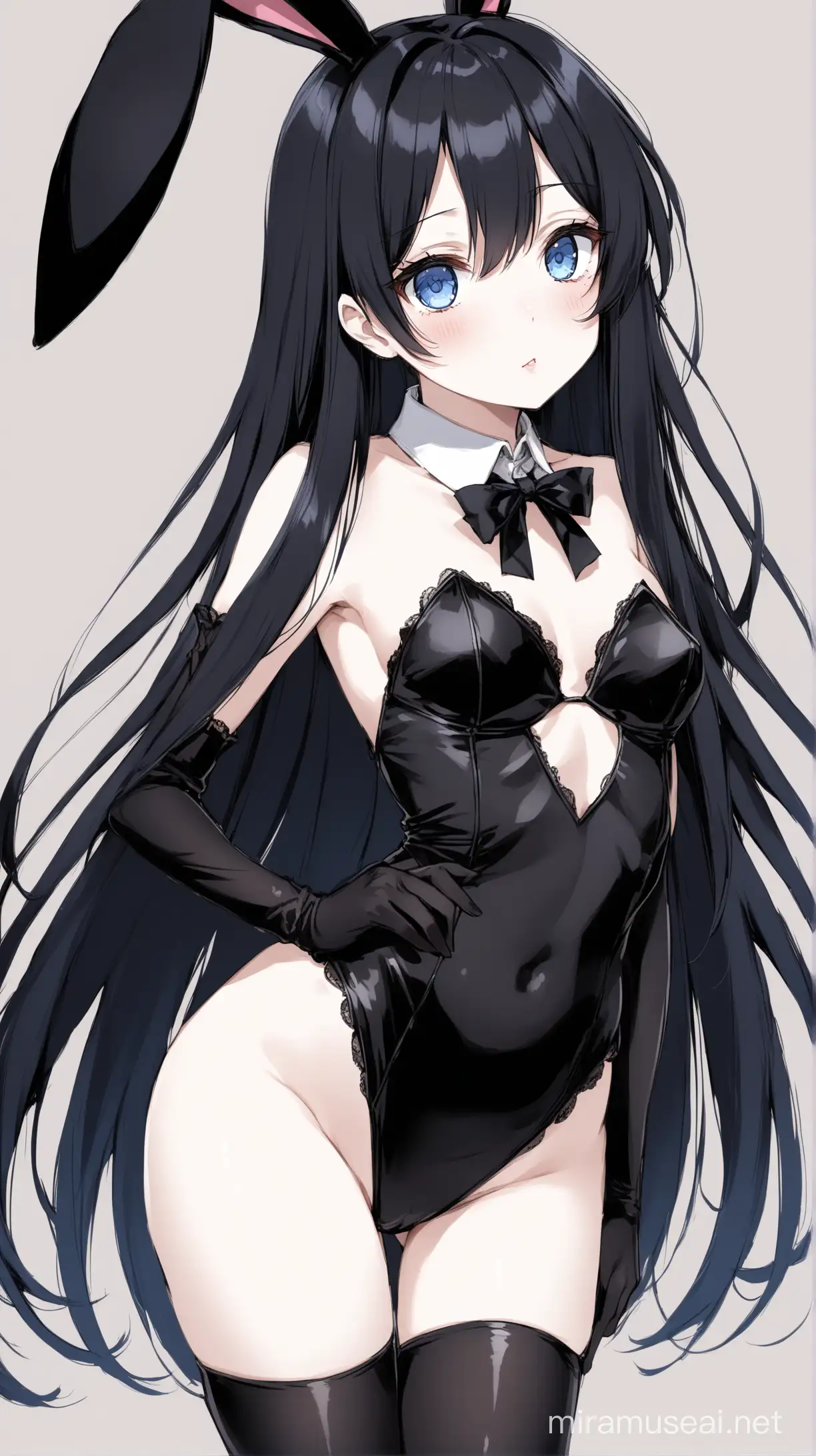 Uma mulher com cabelos longos e escuros, olhos azuis, pele branca, seios pequenos, coxas pequenas; vestida com uma roupa de coelhinha preta sexy, anime 