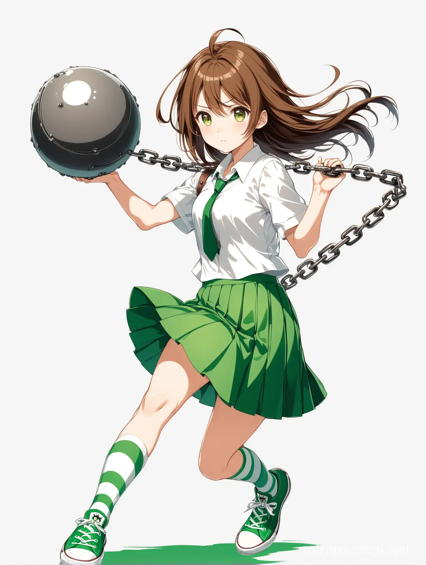 White background Anime A high school girl with brown hair and brown eyes. She wears a school uniform, which consists of a white top, a green tie, a green skirt with white stripes, long green socks, and green Converse shoes. She carries a weapon containing a chain with an iron ball at its head.