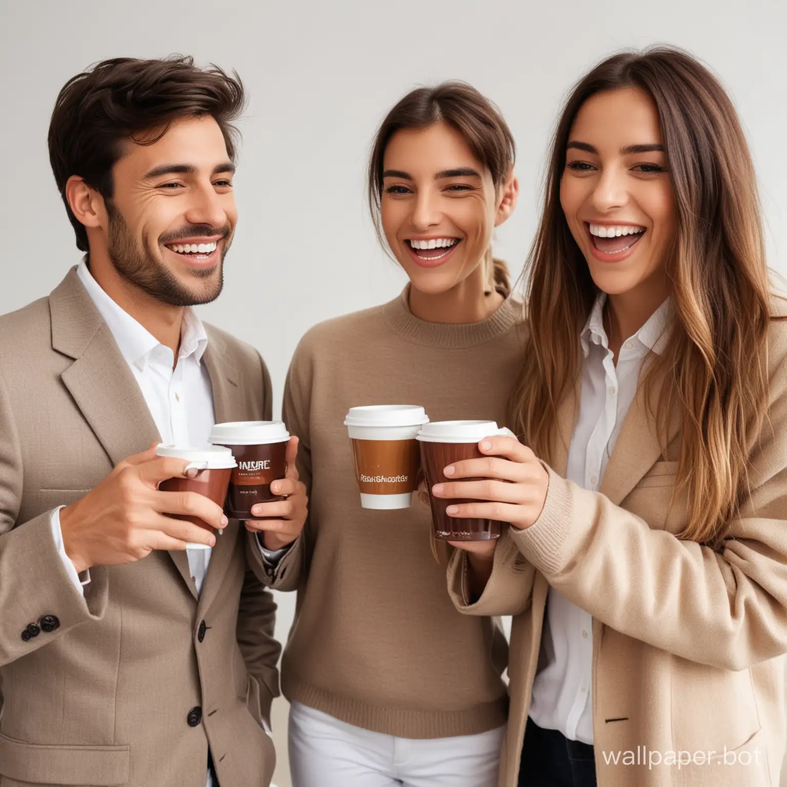 Generate scenes of oneself sharing different brands of coffee with friends or colleagues, laughing in the office, holding coffee cups in hand to drink coffee. The coffee should be brown, and at least three people should be involved.