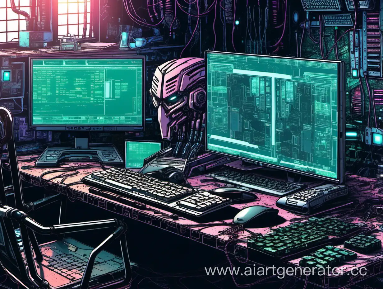 Cyberpunk-Style-Room-with-Broken-Keyboard-and-Dual-Monitors