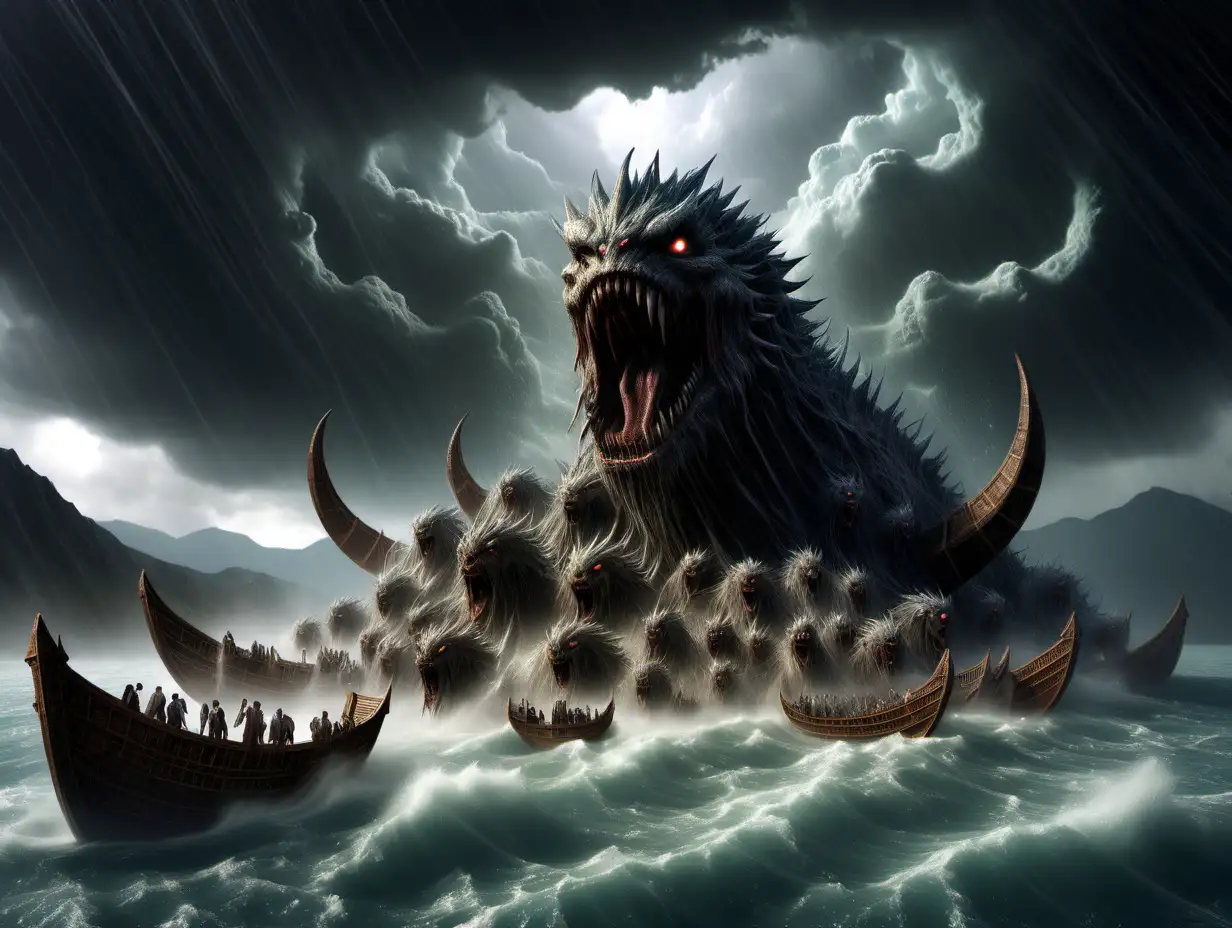 monsters in an  ark in a hail storm on top of a mountain surrounded by water
