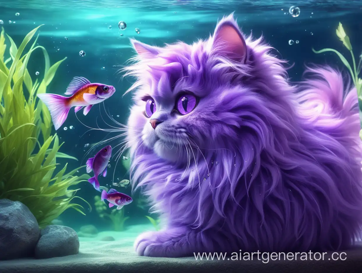 Playful-Fluffy-Purple-Cat-Fishing-in-Aquarium