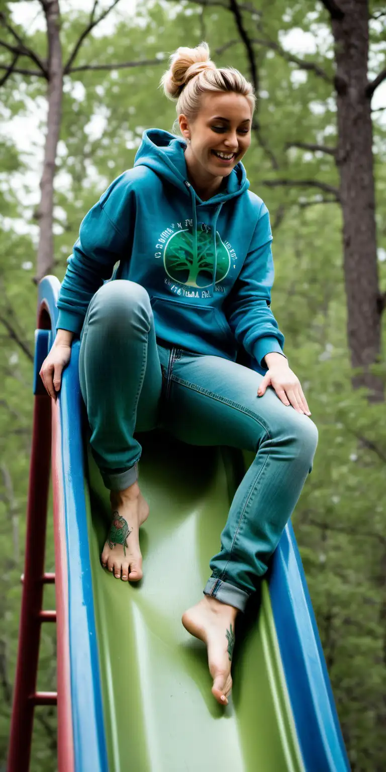 Young Woman Enjoying Barefoot Fun on Playground Slide