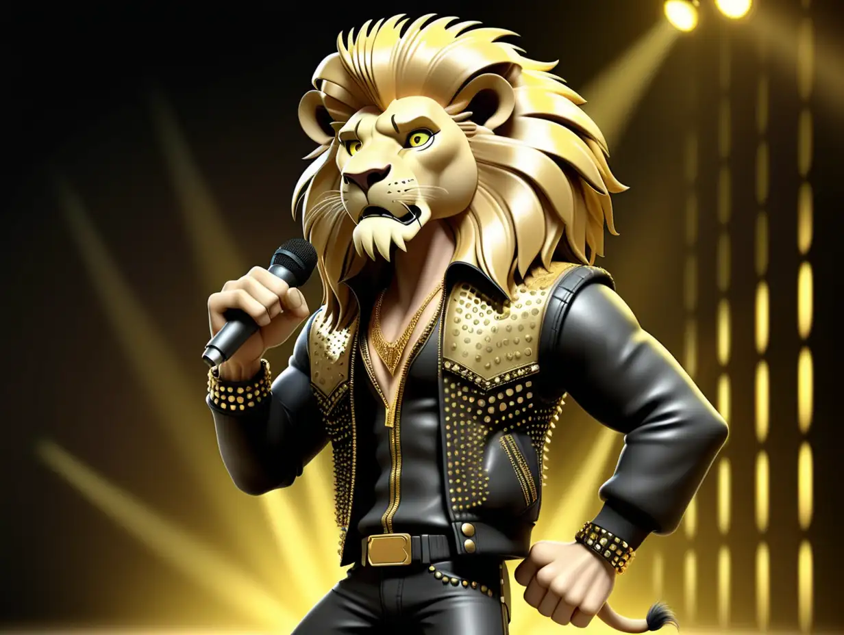 A male lion dressed glam rock with a gold mullet haircut, gold jewelery and a black and gold studded jacket with black undershirt and pants. Make the background a stage with lights. The lion will power stance singing into a gold wireless microphone showing its full body. Pixar, 4k