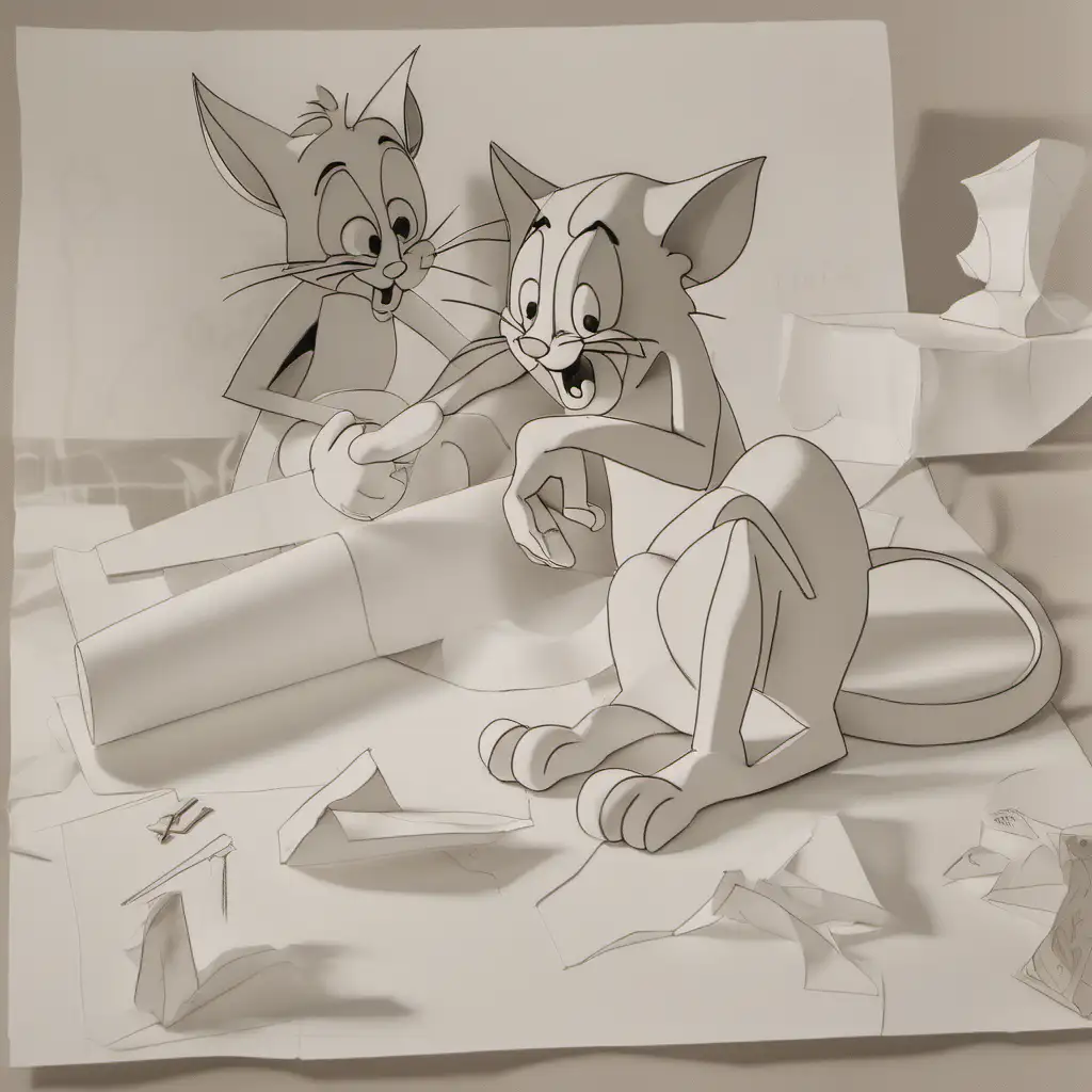 Playful 3D Sketch Tom and Jerry Relaxing on White Canvas