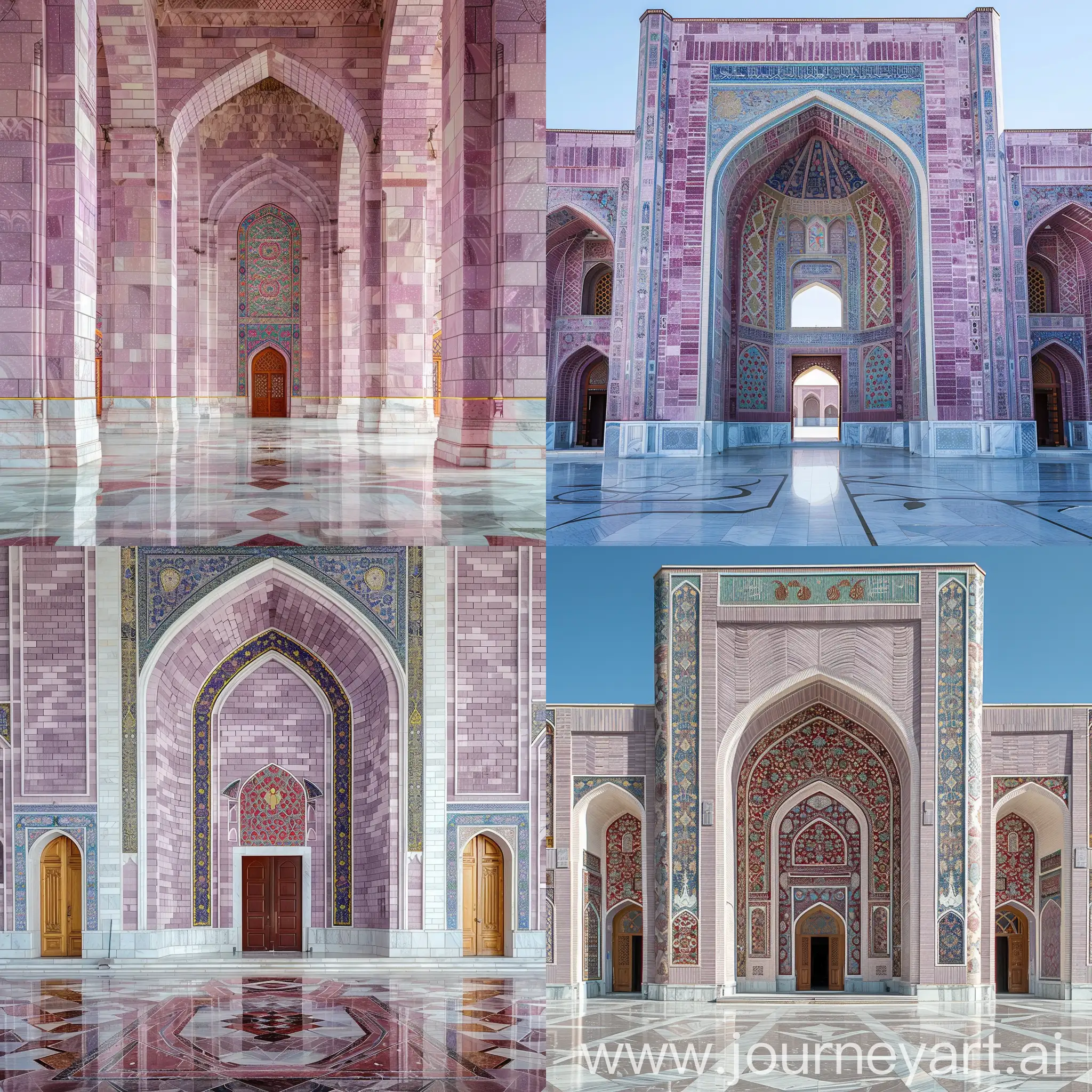 an Uzbekistan Mosque, Lavender color brick marbled, Timurid influences, Tall iwan, red blue persian design on white spandrels, shiny golden ornaments, Full view