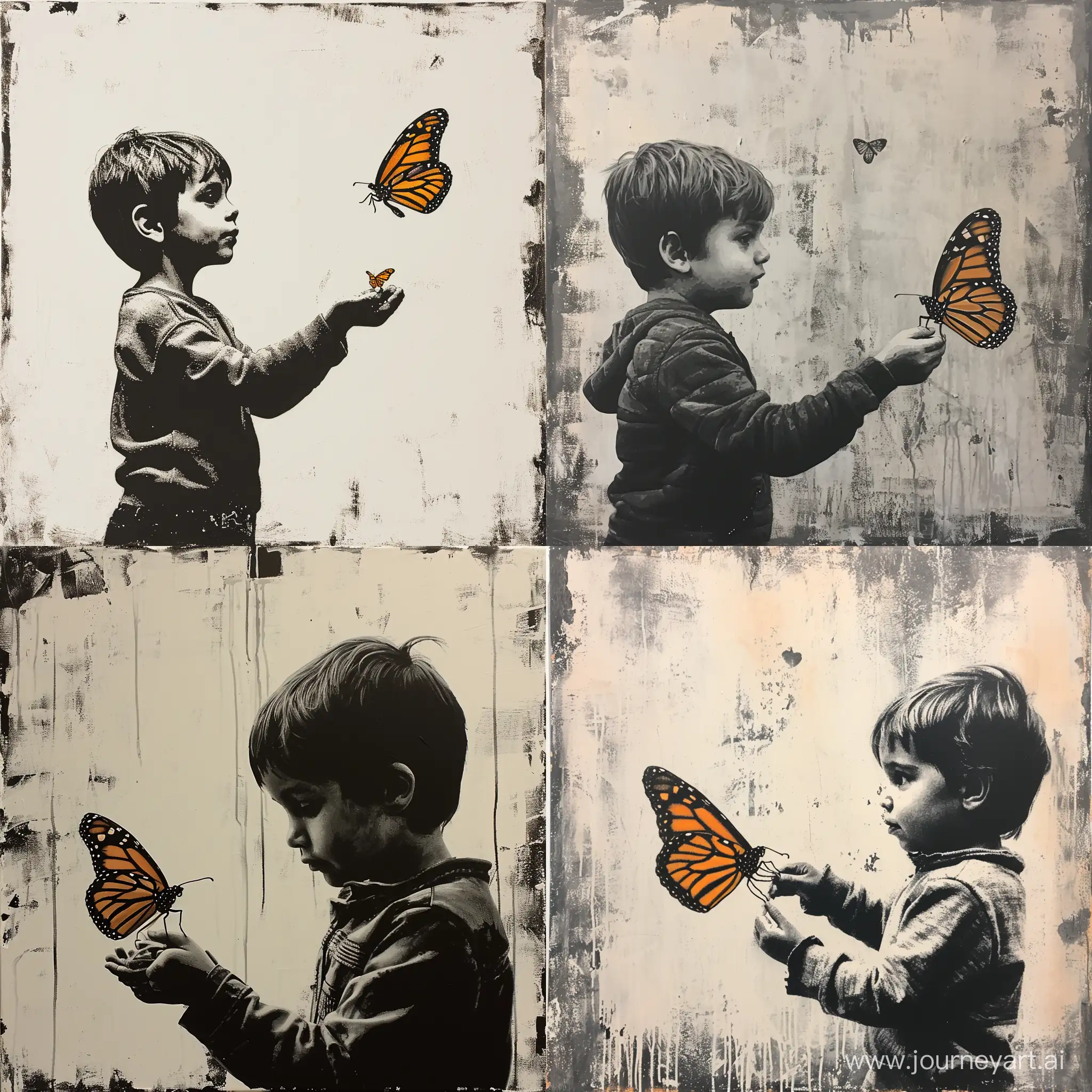 A little boy, age 12, holding a small monarch butterfly in the style of Banksy. Everything in the picture is in black and white except for the butterfly, that one is in color.
