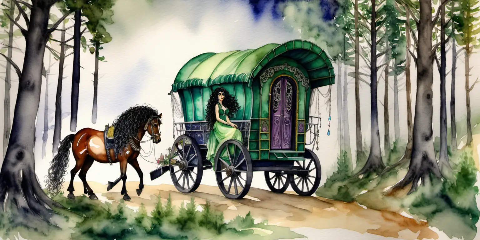 Enchanting Watercolor Gypsy Wagon in Pine Forest with Horses and EmeraldAdorned Gypsy Woman