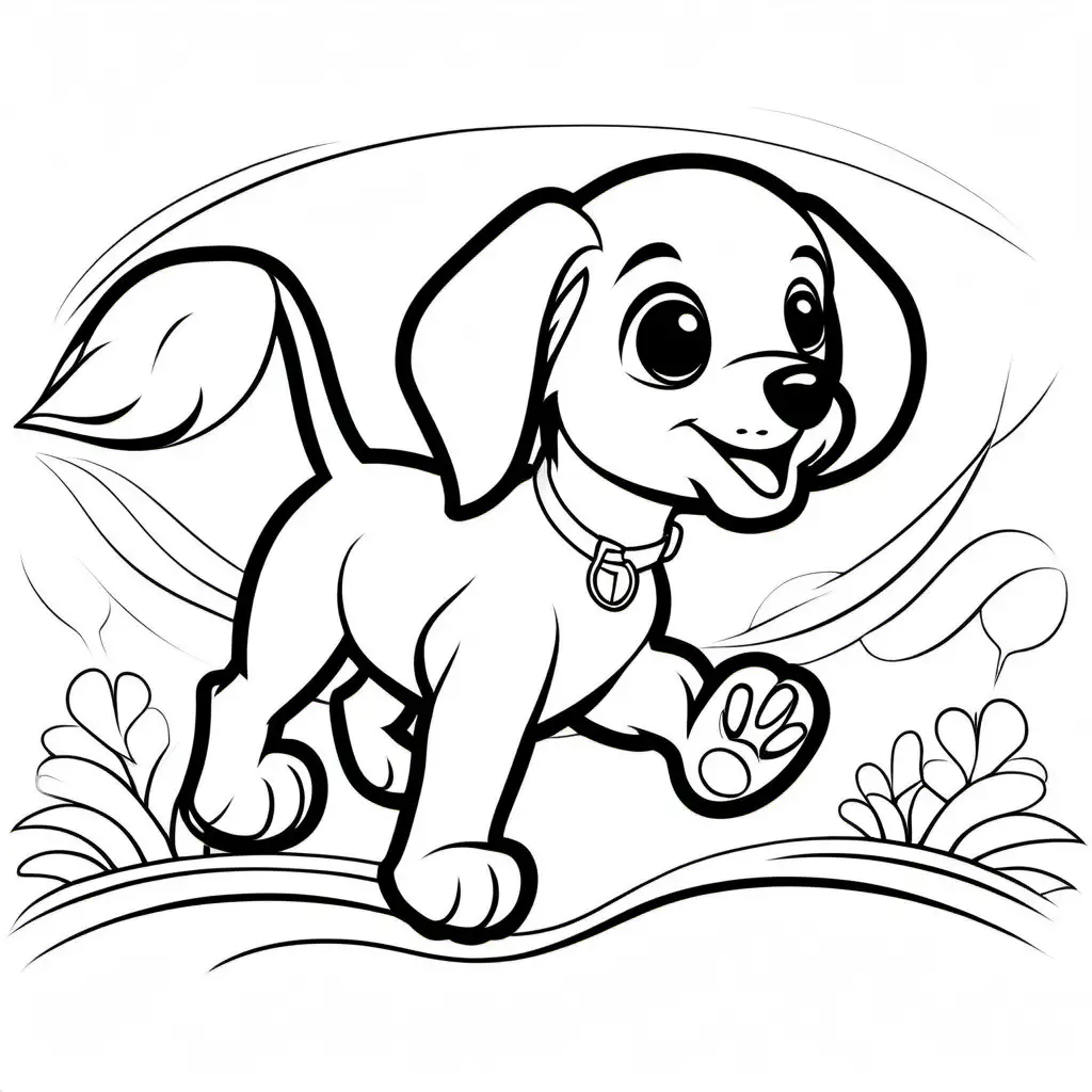PUPPY RUNNING WITH FLOPPY EARS, Coloring Page, black and white, line art, white background, Simplicity, Ample White Space. The background of the coloring page is plain white to make it easy for young children to color within the lines. The outlines of all the subjects are easy to distinguish, making it simple for kids to color without too much difficulty