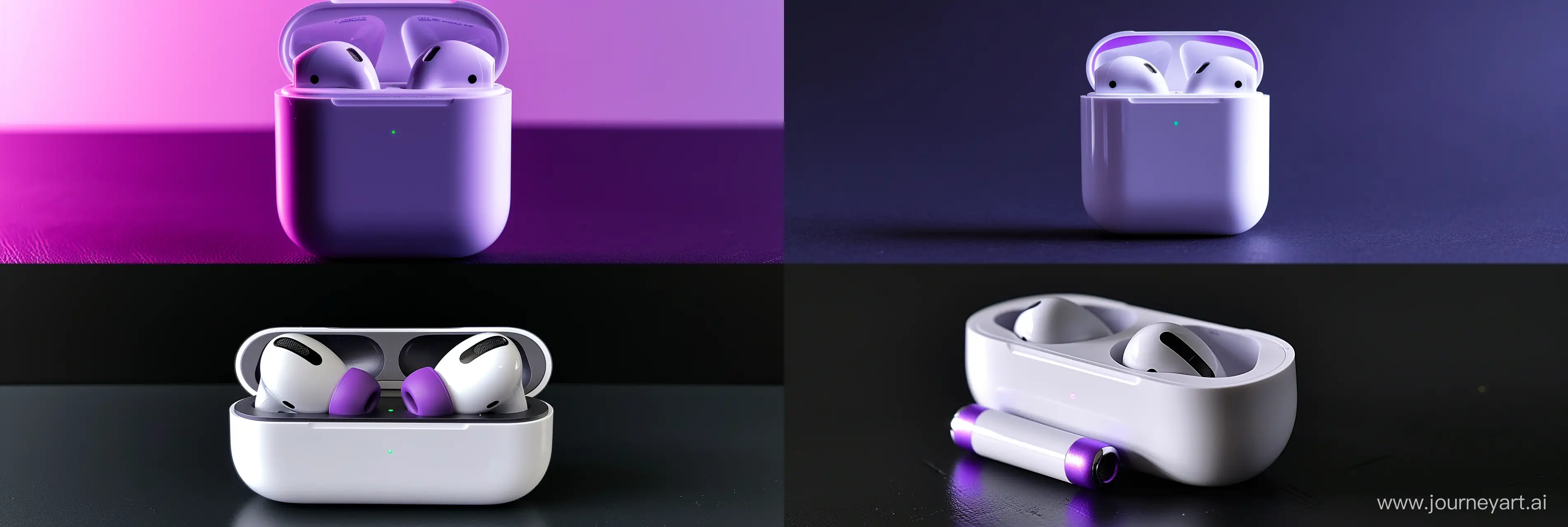  AirPods displayed with dynamic purple accents, sleek and high-tech appearance, targeting a hip and young audience, for use in digital advertising, resolution to fit 900x300 pixels --ar 3:1