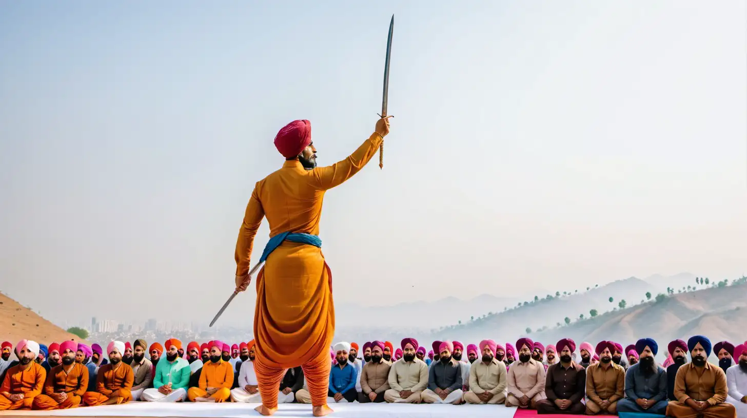 A single standing  male Sikh warrior, strong, powerful and muscular. standing and facing the audience, wearing regal warrior clothing, all his hair tucked in his turban (no visible hair at the back of his turban), with his back to the camera. His right arm facing up, with the index finger facing the sky, his left arm down by his side clenching a sword. He is standing in front of a huge congregation that is all seated cross-legged facing him on the ground. Set in the hills of India 300 years ago. The audience sitting on the ground in front of him, listening to him intently. The image of his back gives the feeling of a powerful, strong and regal Guru, with all his hair tucked in the turban, addressing his congregation sitted before him. No hair visible. His turban tied in Sikh style. 