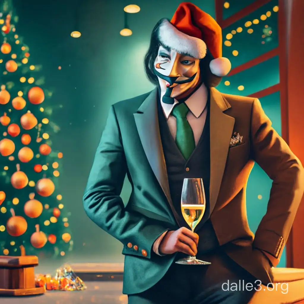 A man with a Guy Fawkes mask, standing by a Christmas tree, a man holding a glass of champagne, Photorealism