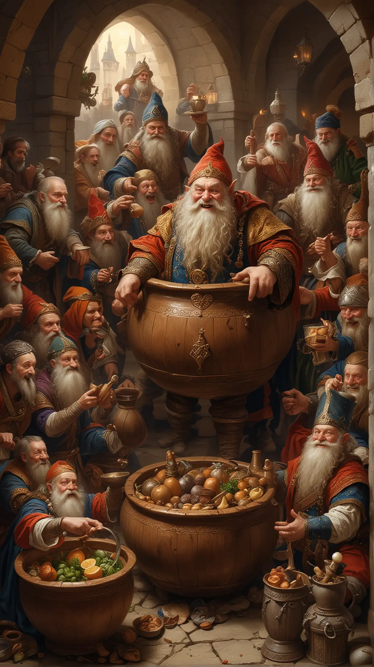 A royal banquet scene with a dwarf emerging from a pot, surprising the guests.