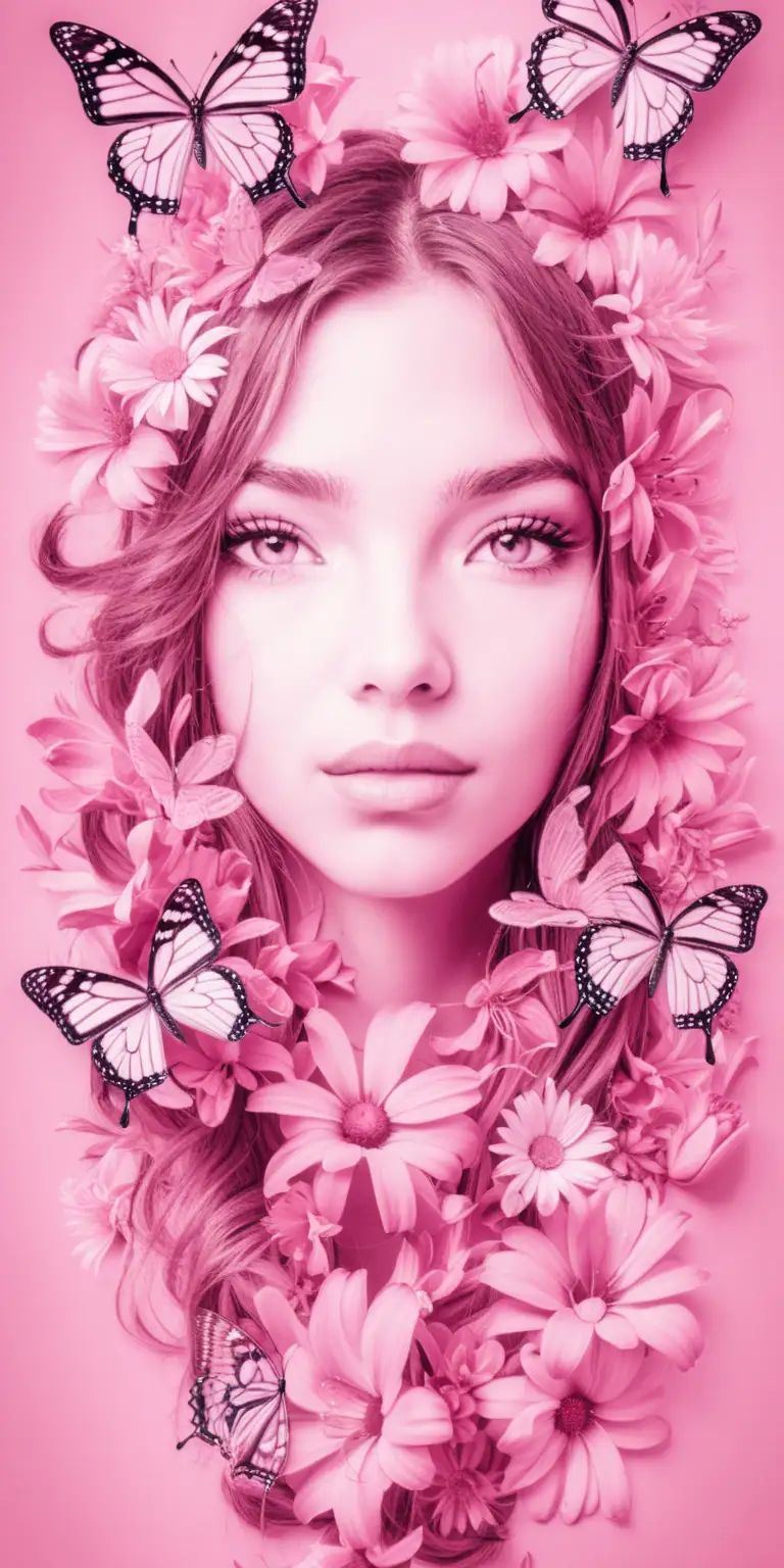 Whimsical Woman Surrounded by Butterflies and Flowers in Organic Style