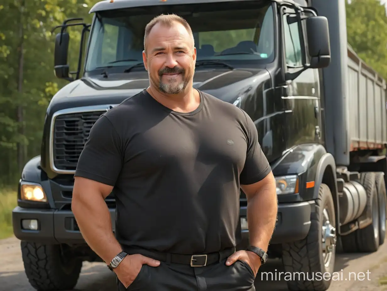 realistic photo of 44+ years old South German, short, stocky daddy massive heavy male trucker, big round cuddly daddy belly, muscles brought on by work, very handsome and extremely attractive, friendly face, symmetrical handsome face, charismatic and charming,  balding, always show full body, posing, lives in Finland, perfectly groomed gorgeous thick gorgeous deep black  full stubble, gorgeous dense thick black eyebrows,  perfect realistic eyes, wearing stylish perfectly fit truck company working clothes, make more photo realistic, bright natural lightning, perfect exposure, 8K 16K professional Nikon camera, a sunny summer day, masterpiece, best professional photo, insane details, realistic body part proportions, charming grin, satisfied with his life, strong as a bear, very stylish and neat appearance, happy, satisfied, just married with a Finnish woman, perfect day, attractively attractive, wants to be a perfect dad, looks his age, great insanely huge bulge in his pants, incredibly hairy body, European style Volvo truck, shirtless,