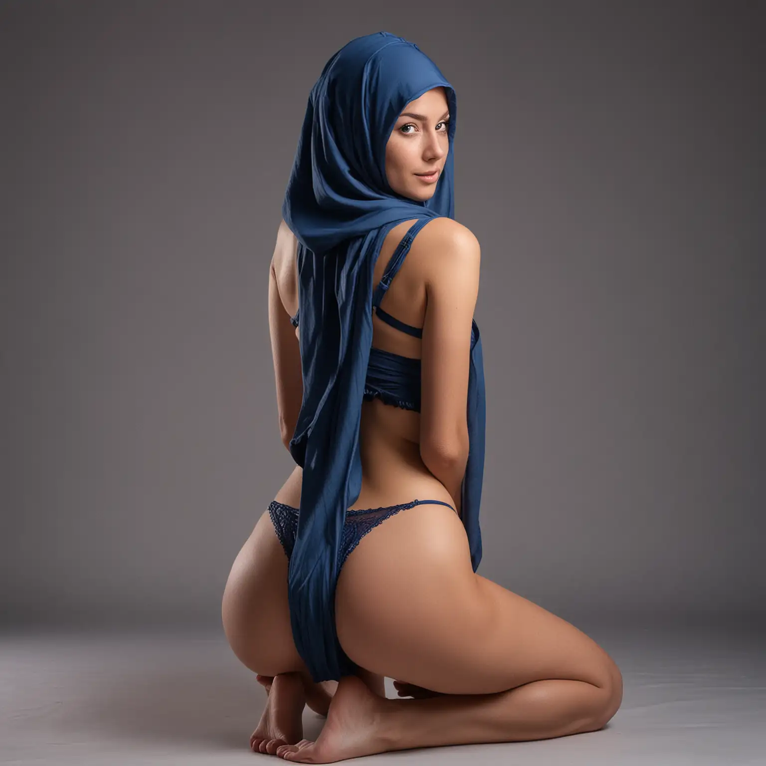 Mysterious Studio Portrait Young Woman in Blue Burka Squatting