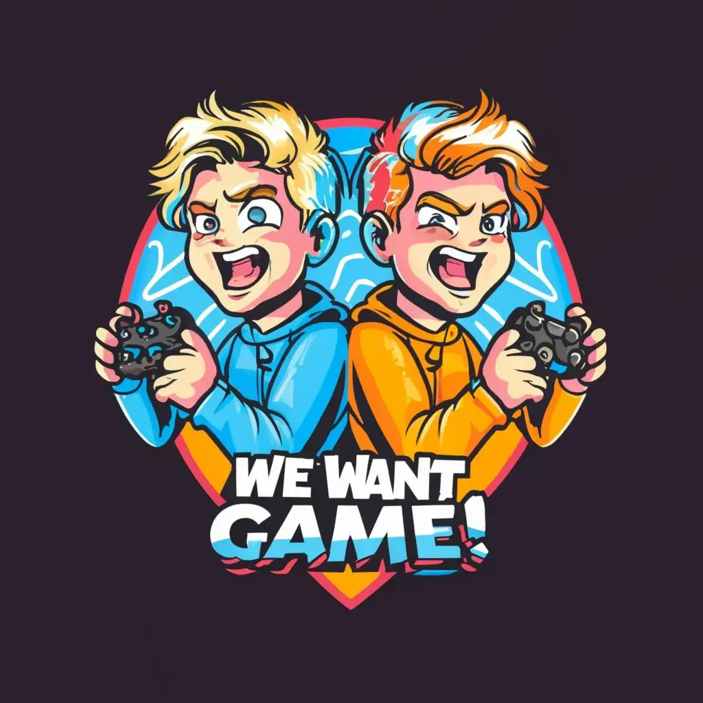 logo, two crazy Kids with blond hair that are videogame master. holding controler in ther hands. Playstation!, with the text "we want GAME", typography