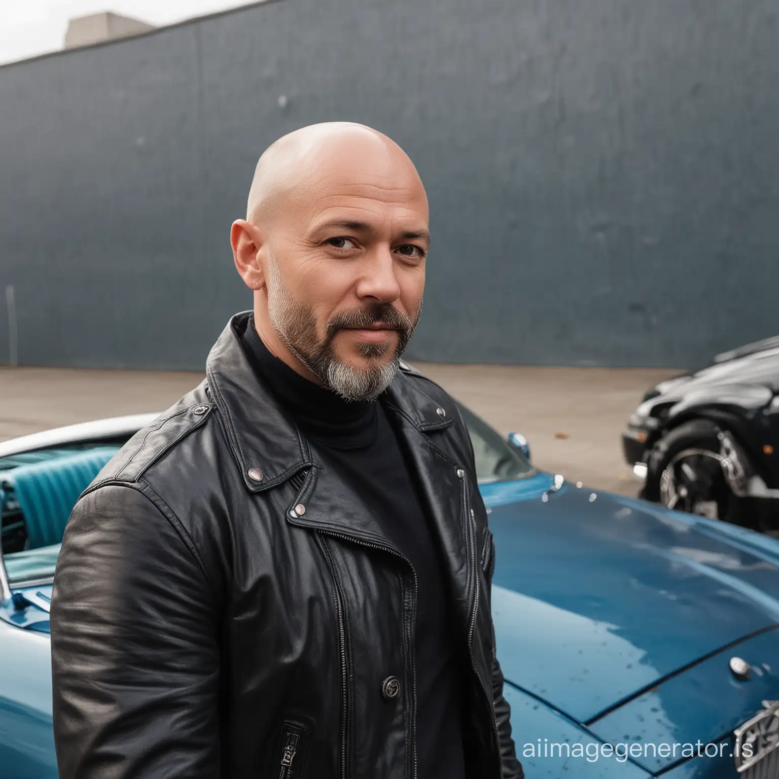 Man with small beard and bald head with leather jacket beside a blue car