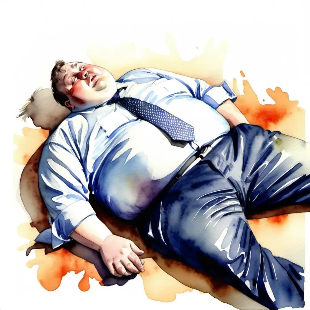 
fat man in shirt and tie, lying on the floor, side view. Watercolor